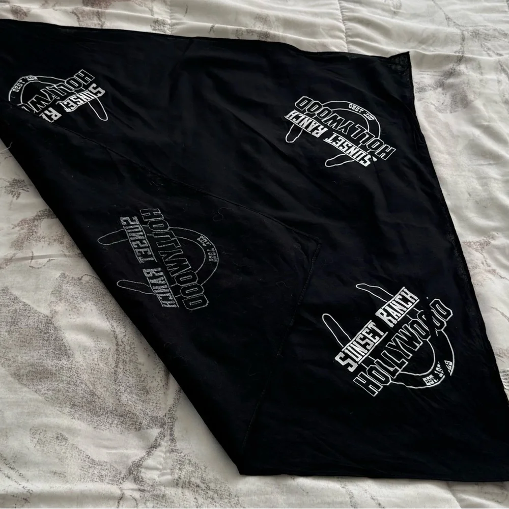 Sunset Ranch Hollywood Black Bandana with White logo Print, size 21x21 cotton